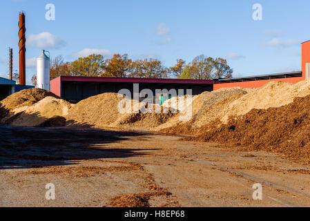 Gros tas de biomasse combustible solide sous forme de copeaux de bois de taille moyenne. Bâtiment industriel en arrière-plan Banque D'Images