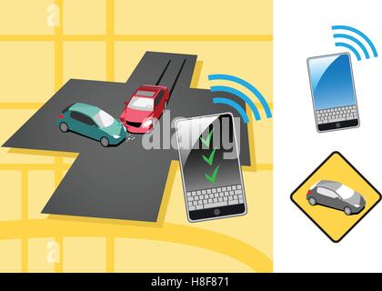 Accident de voiture à une intersection avec un téléphone mobile liste de contrôle de l'appel d'urgence Illustration de Vecteur