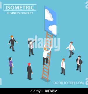 Télévision 3D isométrique businessman climbing ladder à la porte avec ciel bleu, de la liberté et le succès concept, Illustration de Vecteur