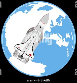 Système multi-usage 'aérospatiale Bourane' sur l'arrière-plan de la Terre. L'illustration sur un fond blanc. Banque D'Images