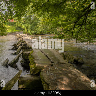 La lumière du soleil pommelé sur le Tarr Étapes clapper bridge sur la rivière Barle dans l'Exmoor national park, Devon, Angleterre Banque D'Images