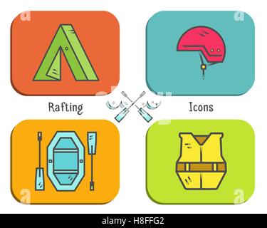 L'équipement de rafting, collection bouton icône plate. En plein air, style design couleur lumineux. Éléments de style pour le web, applications mobiles, bannières, flyers, affiches, brochures. Vector illustration Illustration de Vecteur