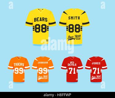 Collection d'uniformes de football américain, t-shirts avec les logos de l'équipe, les étiquettes, écussons. Peut être utiliser en infographie, présentations, en tant qu'icône etc. couleurs mignon, modèle plat. Vector illustration Illustration de Vecteur