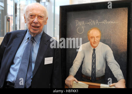 Le Dr James Watson, le biologiste moléculaire américain, zoologiste et généticien, connu comme l'un des co-découvreurs de la structure de l'ADN en 1953 par Francis Crick est à côté d'un portrait de son ancien collègue lors de l'ouverture officielle de la Francis Crick Institute dans le centre de Londres. Banque D'Images