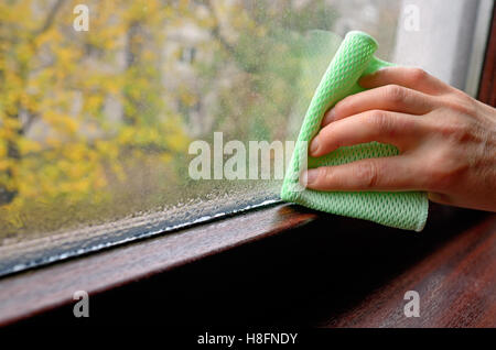 Woman cleaning la condensation de l'eau sur la fenêtre Banque D'Images