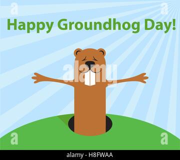 Groundhog Day funny cartoon caractère de marmot attendre au printemps. Modèle plat. Vector illustration. Illustration de Vecteur