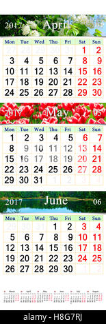 Calendrier de bureau pendant trois mois Avril Mai et juin 2017 avec des photos de la nature. Calendrier mural pour le deuxième trimestre de 2017 Banque D'Images