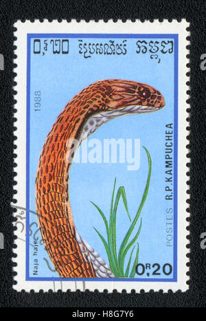 Un timbre-poste imprimé au Kampuchea shake montre cobra égyptien - Naja haje, 1988 Banque D'Images