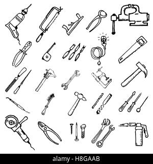 Outils à main pour la réparation. Faire vous-même. L'arrière-plan dessiné manuellement. Illustration de Vecteur
