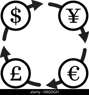 Finances Bureau de change vector icon set. Yuan, dollar, euro, livre sterling l'échange d'argent Illustration de Vecteur