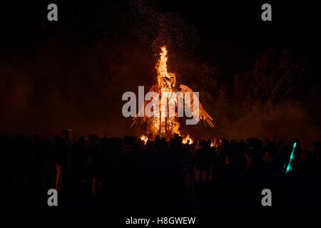 East Hoathly, UK. 12 Nov, 2016. East Hoathly & Carnaval Halland - Bonfire pour défilé du souvenir. Chaque année, des milliers de spectateurs affluent vers l'East Sussex village near Lewes pour regarder la procession des bannières à l'incendie bazing bonfire site. Ils portent aussi chacun représente les coquelicots et se souvient d'un villageois perdus dans les deux guerres mondiales. L'immense sculpture de feu un ange précède l'artifice. Crédit : Jim Holden/Alamy Live News Banque D'Images