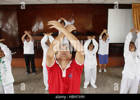 (161113) -- LIMA, le 13 novembre 2016 (Xinhua) -- Image prise le 5 novembre 2016 montre directeur général de l'hôpital de la police 'Augusto B. Leguia' à Lima, Orlando Leiva Meza (C), en prenant part à un cours de Tai Chi (de pure forme) session à l'hôpital programme du climatère, à Lima, au Pérou. Ayant grandi au Pérou, Orlando Leiva Meza a développé un penchant pour la cuisine chinoise et les arts martiaux mais c'était sa décision de devenir un médecin de médecine traditionnelle chinoise qui a renforcé ses liens avec la Chine. 'Elle apprécierait beaucoup contribuer à renforcer la pratique de la médecine traditionnelle chinoise, notamment l'acupuncture, a dit le Banque D'Images