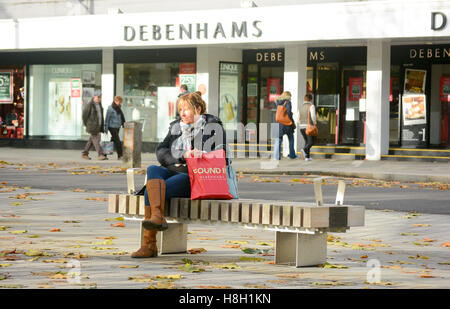 Femme assise omn un banc avec un panier de Noël bio à l'extérieur du magasin à Salisbury, Wiltshire, Royaume-Uni. Banque D'Images