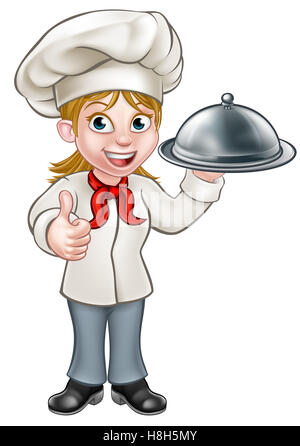 Femme chef de bande dessinée ou baker tenant une cloche d'argent plaque food platter et giving Thumbs up Banque D'Images