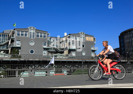 Biker à Baumwall Promenade avec vue de Gruner et Jahr publishing, Hambourg, Allemagne, Europe Banque D'Images