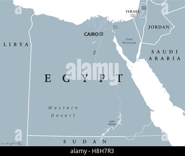 Carte politique de l'Egypte avec Le Caire, capitale avec Nil, péninsule du Sinaï et Canal de Suez. République arabe d'Égypte. Banque D'Images