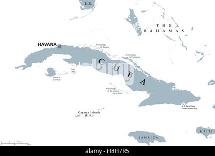 Carte politique avec Cuba La Havane capitale. Dans le nord de la République avec les pays voisins des Caraïbes, la Jamaïque et Haïti. Banque D'Images