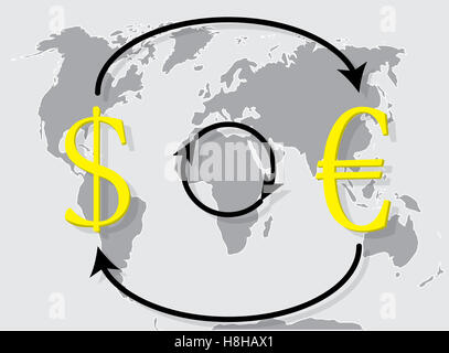 Service de change euro dollar sur fond de carte du monde. L'échange d'argent, forex et de transfert de fonds. Vector illustration Banque D'Images