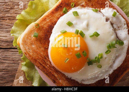 Croque Madame sandwich avec un œuf frit close-up Vue de dessus horizontale. Banque D'Images