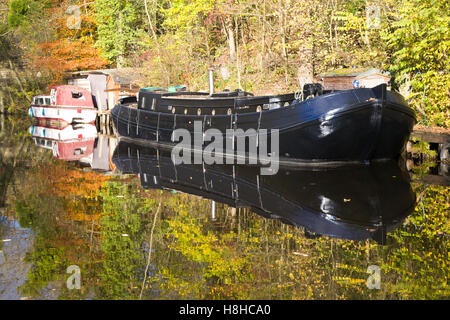 Les chalands amarrés le long de la p16 à l'automne, près de Hebden Bridge West Yorkshire Angleterre UK Banque D'Images