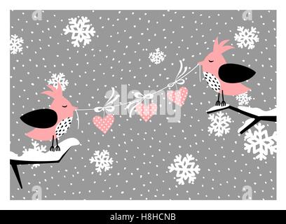 Carte de vœux de noël avec deux oiseaux red holding décoration de Noël. La saison d'hiver moderne carte postale, brochure, wa Illustration de Vecteur