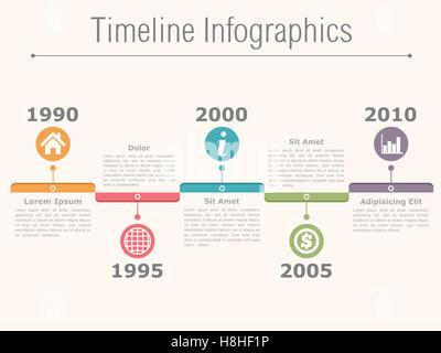 Modèle de conception infographiques Chronologie avec les dates, les icônes et le texte Banque D'Images