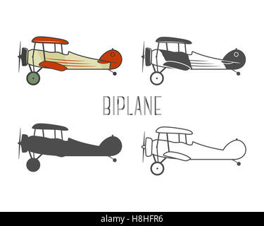 Ensemble d'aéronefs anciens éléments de conception. Des biplans rétro en couleur, ligne, silhouette, modèles monochromes. Symboles de l'aviation. Emblème biplan. Les avions de type ancien. Isolé sur fond blanc. Banque D'Images