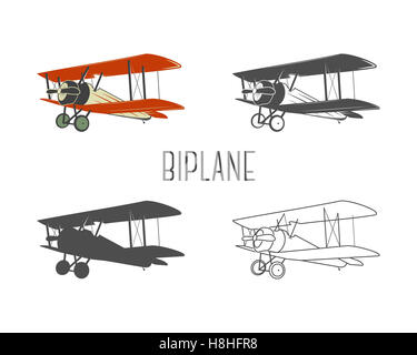 Ensemble d'aéronefs anciens éléments de conception. Des biplans rétro en couleur, ligne, silhouette, modèles monochromes. Symboles de l'aviation. Emblème biplan. Les avions de type ancien. Isoler sur fond blanc. Banque D'Images