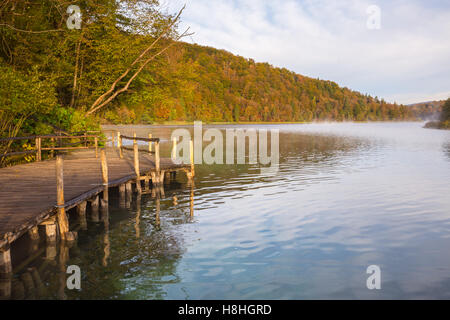 Matin brumeux sur les lacs de Plitvice, Croatie Banque D'Images