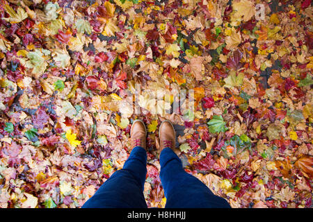 Mans pieds de smart bottes sur motif de feuilles d'automne Banque D'Images