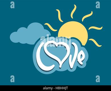 Mot amour avec coeur sur sun cloud sky abstract vector illustration Illustration de Vecteur