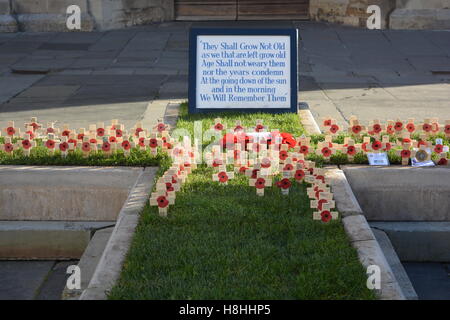 Coquelicots rouges dans une croix à l'extérieur de l'abbaye de Bath le jour de l'Armistice, 11 novembre. Banque D'Images