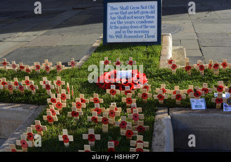 Coquelicots rouges dans une croix à l'extérieur de l'abbaye de Bath le jour de l'Armistice, 11 novembre. Banque D'Images