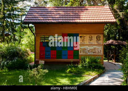 Colorés et traditionnels en bois pittoresque ruches en Slovénie. Les ruches sont peintes de couleurs vives pour que les abeilles trouvent leurs h Banque D'Images