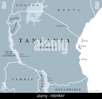 Carte politique de la Tanzanie Dodoma, capitale avec les frontières nationales, les îles de Zanzibar, Pemba et les pays voisins. Banque D'Images