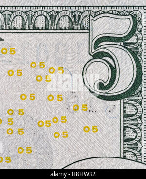 Cinq dollars US bill corner, macro closeup Banque D'Images