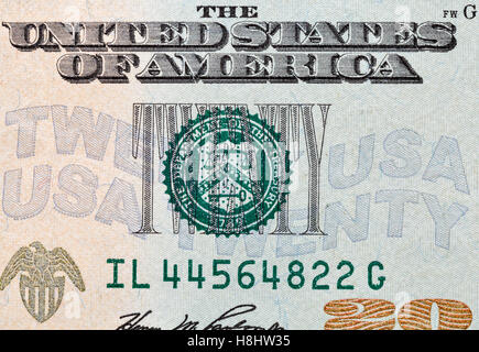 Cachet de la Direction du Trésor sur le projet de loi de vingt dollars US macro closeup Banque D'Images