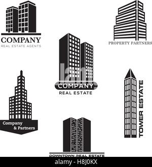 Ensemble de six modèles de logo vector contemporain avec de grands bâtiments pour l'industrie de l'immobilier Illustration de Vecteur