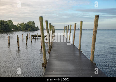 Atterrissage en bois avant-scène au lac néerlandais tôt le matin Banque D'Images