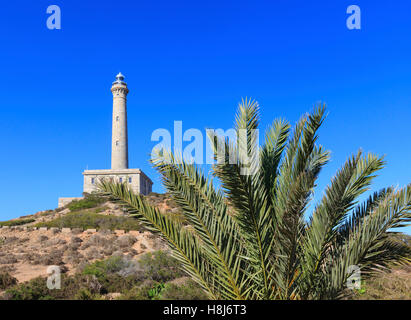 Leuchtturm Cabo de Palos vue d'été et palm arbre en face, Cartagena (Murcia, Espagne). Banque D'Images