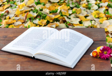 Livre ouvert sur une table en bois avec des fleurs Banque D'Images