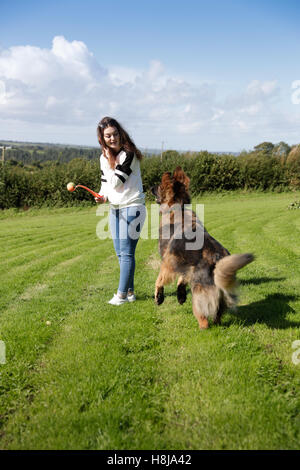 Jeune femme jette une boule pour son chien un berger allemand. Banque D'Images