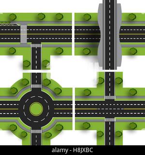 Mettre le moyeu. Les intersections des routes différentes. Rond-point, la circulation. Objets avec illustration de l'ombre. Illustration de Vecteur