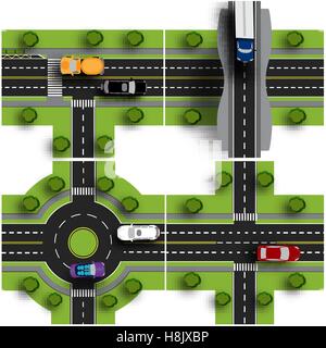 Mettre le moyeu. Les intersections des routes différentes. Rond-point, la circulation. Le trafic. Objets avec illustration de l'ombre. Illustration de Vecteur