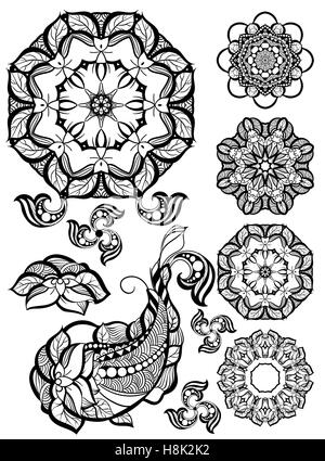 Les éléments ornementaux mehendi et mandala collection. Tatouage au henné indien set. Style Oriental design décoratif modèl Illustration de Vecteur