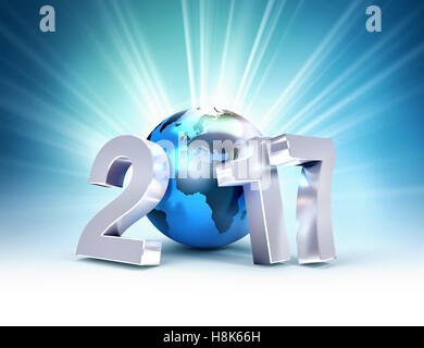 2017 Nouvelle année type composé d'une planète bleue, la terre sur un fond clair - 3D illustration Banque D'Images