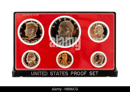1976 United States Bicentennial Set la preuve. Chaque ensemble contient six pièces en euros : un exemple de chacun des Cent Lincoln, Jefferson, nickel Banque D'Images