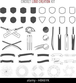 Kit de création de logo de cricket. Sports dessins de logos. Icônes de Cricket vector set. Créer votre propre conception de l'emblème rapide. Symboles Sports, éléments - ball, chauves-souris, de formes, de cricket, de l'équipement pour le web ou t-shirt. Illustration de Vecteur