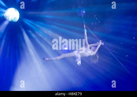 Budapest, Hongrie. 13Th Nov, 2016. Acrobat Hongroise Zsofia Komenda effectue le pôle aérien montrer pendant un spectacle de cirque première au cirque de capital à Budapest, Hongrie, le 13 novembre 2016. Credit : Attila Volgyi/Xinhua/Alamy Live News Banque D'Images