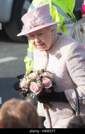 La Reine, à Newmarket, aujourd'hui (le 3 nov) où elle a dévoilé une statue d'elle-même avec deux chevaux à Newmarket Suffolk. La Reine a aujourd'hui (jeudi) a dévoilé une statue d'elle-même controversée - construit après l'abattage d'un arbre commémoratif à un homme est la fin de l'épouse. Sa Majesté a révélé la statue d'elle-même, faite pour commémorer son 90ème anniversaire et placés dans un parc à Newmarket, Suffolk, où huit arbres commémoratifs ont été visés par le conseil de ville plus tôt cette année pour faire de la place. Banque D'Images